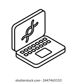Isometric icon of dna analysis, dna inside laptop screen