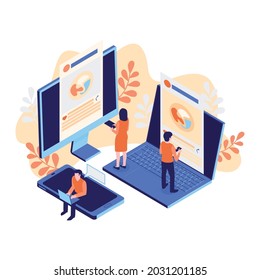 Isometric icon with electronic gadgets and characters using social media vector illustration