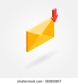 Isometric icon of an envelope with an arrow. Isolated on white background.