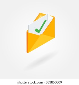 Isometric icon of an envelope with a document and accept sign. Isolated on white background.
