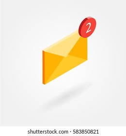 Isometric icon of an envelope with a number in a circle. Isolated on white background.