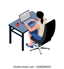 Isometric icon with female character of accountant working on laptop 3d vector illustration