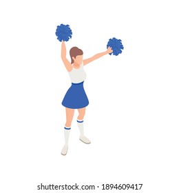 Isometric icon of female cheerleader dancing with pom poms 3d vector illustration