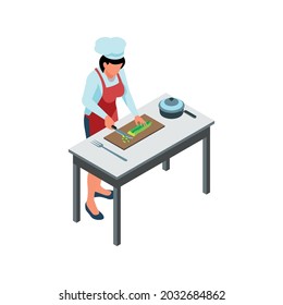 Isometric icon with female cook cutting vegetables on kitchen table vector illustration