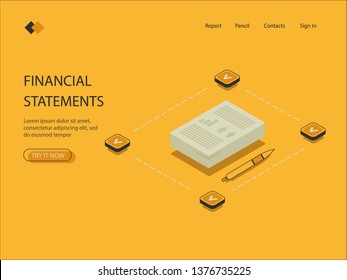 Isometric icon of financial statements. Visualization on the yellow background of the report with the image of graphs and charts, as well as text and pens, vector.