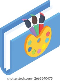 An isometric icon of a folder with a painter's palette and brushes, symbolizing art, design, and creative projects.