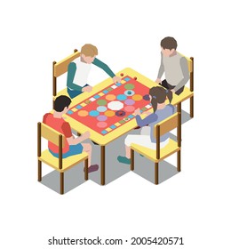 Isometric icon with four people playing board game at table 3d vector illustration