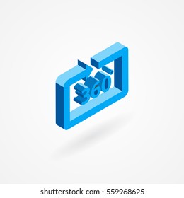 Isometric icon of frame made out of arrow with 360 degree text inside. Isolated on white.