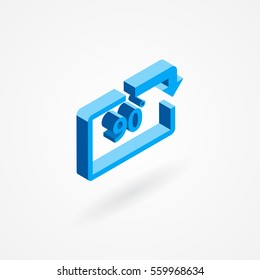 Isometric icon of frame made out of arrow with 90 degree text inside. Isolated on white.