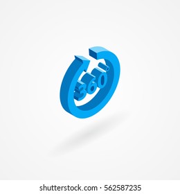 Isometric icon of frame made out of arrow with 360 text inside. Isolated on white.