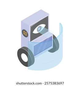 Isometric icon of a futuristic, autonomous security robot equipped with a visual recognition system.