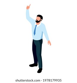 Isometric icon with gesturing male speaker or teacher 3d vector illustration