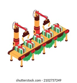 Isometric icon with gift boxes on assembly line in santa claus workshop 3d vector illustration