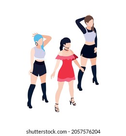 Isometric icon with girl dancing group performing on high heels 3d vector illustration