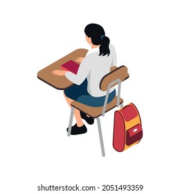 Isometric icon with girl in school uniform sitting at desk 3d vector illustration