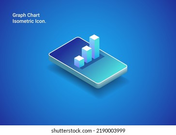 Isometric Icon Graph Chart with Mobile Dynamic style banner background design concept. Blue Sky metaverse elements with gradient. Creative illustration for poster, web, cover, ad, card, present