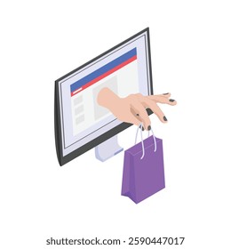 An isometric icon of a hand emerging from a computer monitor, holding a shopping bag.