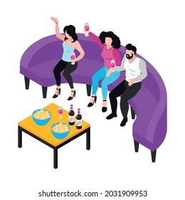 Isometric icon with happy people having party with wine and snacks in night club vector illustration
