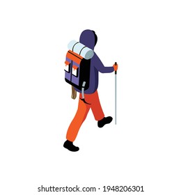 Isometric icon of hiker character with backpack and equipment for mountaneering 3d vector illustration