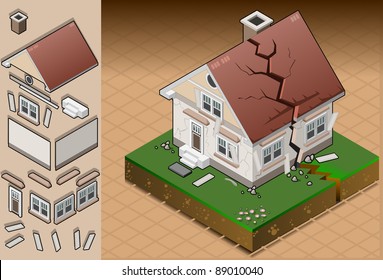 Isometric Icon Hit By House Earthquake Collapse Building Vector Damage Disaster Crack Breaking. Damage Building Hit By Earthquake Collapse House Isometric Disaster Vector Breaking Icon Crack Isometric