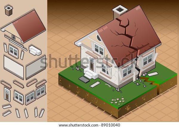 Isometric Icon Hit by House earthquake Collapse\
Building Vector Damage Disaster crack Breaking. Damage Building Hit\
by earthquake collapse House Isometric Disaster Vector Breaking\
Icon Crack Isometric