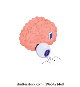Isometric icon of human brain with implanted neurological microchip vector illustration