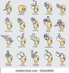 Isometric icon of human brain process, people thinking. Infographic and logo concept