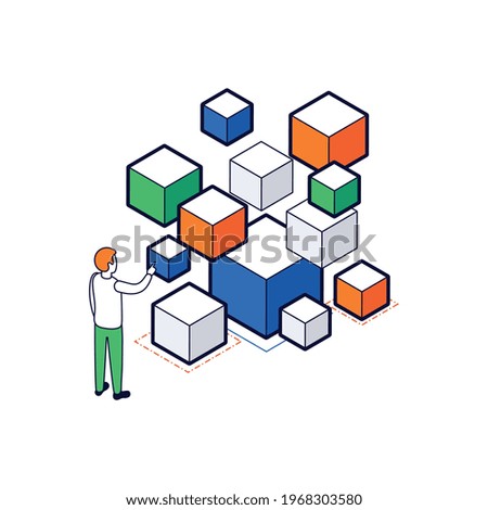 Isometric icon with human character and abstract colorful bigh data cubes vector illustration