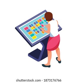 Isometric icon with human character touching interactive panel 3d vector illustration