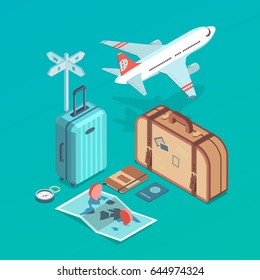 Isometric icon illustrations of traveling, plane,  passenger luggage, tourist and journey objects