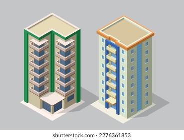 Isometric icon or infographic elements representing town apartment or office  buildings for city map