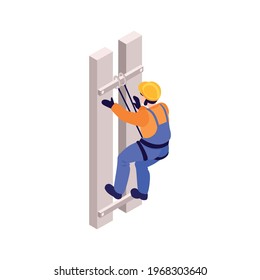 Isometric Icon Of Ironworker With Helmet And Safety Harness On White Background Vector Illustration