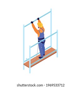 Isometric Icon Of Ironworker With Safety Harness Working At Height 3d Vector Illustration