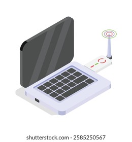 Isometric icon of a laptop computer connected to a wireless modem.
