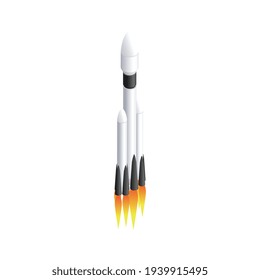 Isometric icon with launching rocket on white background vector illustration