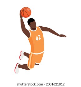 Isometric icon with male basketball player making slam dunk 3d vector illustration