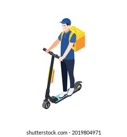 Isometric icon with male character of courier riding scooter 3d vector illustration