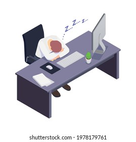 Isometric icon with male manager sleeping on his desk 3d vector illustration