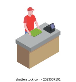 Isometric icon with male worker at fast food restaurant counter 3d vector illustration