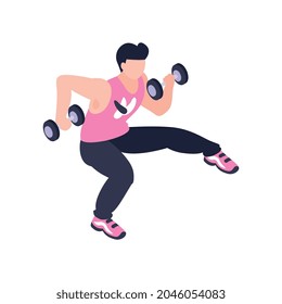 Icono isométrico con personaje masculino haciendo fitness en la ilustración del vector del hogar