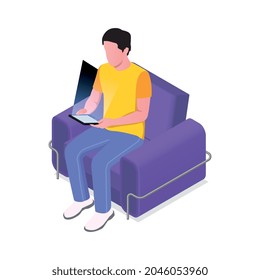 Icono isométrico del ebook de lectura de personajes humanos en ilustración vectorial de sillón