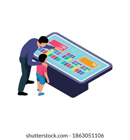 Icono isométrico con hombre y niño buscando información en el panel interactivo Ilustración vectorial 3d