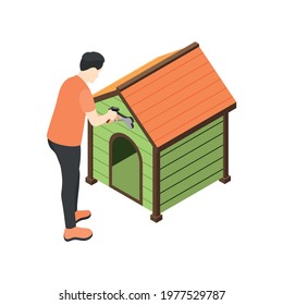 Isometric icon with man decorating dog booth on white background 3d vector illustration