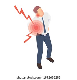 Isometric icon with man feeling pain in body because of sedentary lifestyle office work vector illustration