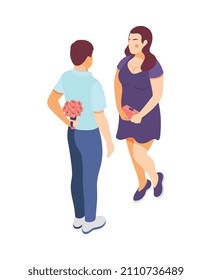 Icono isométrico con el hombre que va a dar ramas de flores a la elegante ilustración vectorial de la mujer más grande