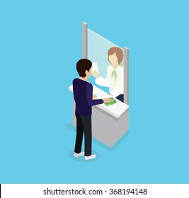 Isometric icon man with money at bank window. 3D business finance service, employee person, worker financial specialist, payment cash operator
