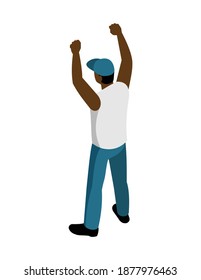 Isometric icon of man protester with raised hands on white background 3d vector illustration