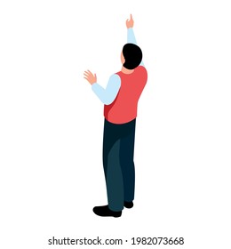 Isometric icon with man in red vest pointing up with his finger back view 3d vector illustration