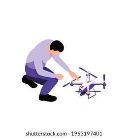 Isometric icon of man and remote controlled flying drone vector illustration