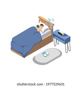 Isometric icon with man sleeping in his bed and bedroom interior 3d vector illustration